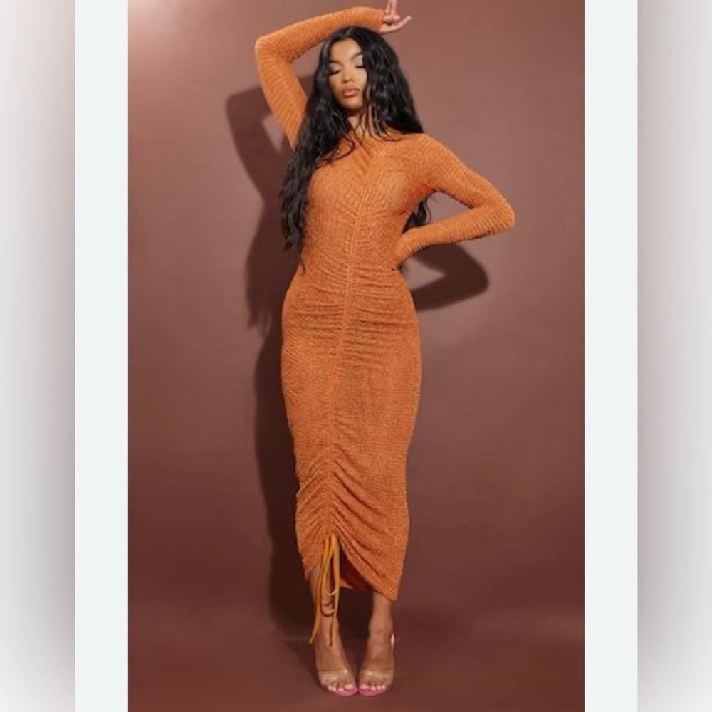 PrettyLittleThing Rust Long Sleeve Knit Dress